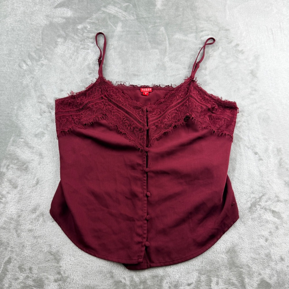 Guess Burgundy Satin Lace Trim Button Front Camisole Tank Top Medium Q83H10R8PC0